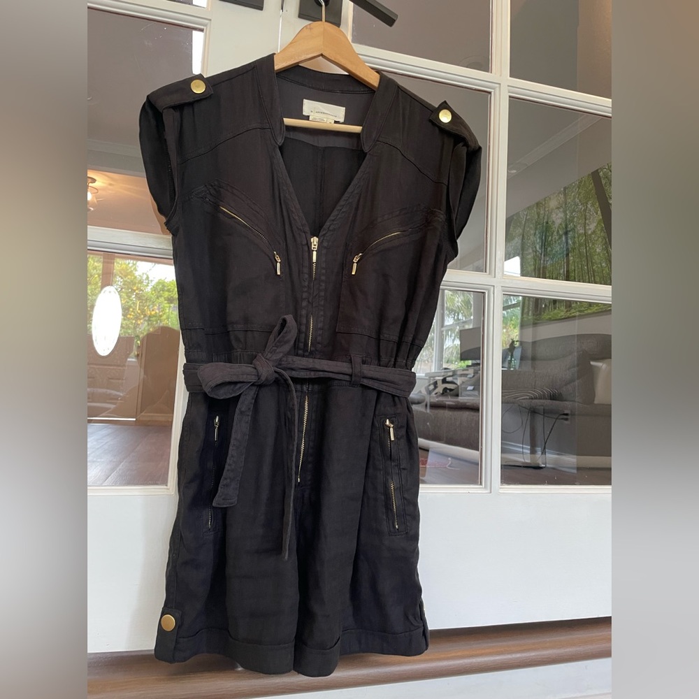 Anthropologie breezy linen utility romper with gold